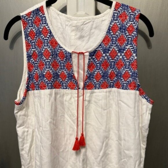 Boho Red, White & Blue Embroidery Sleeveless Linen Peasant Shift Mini dress - Picture 8 of 16